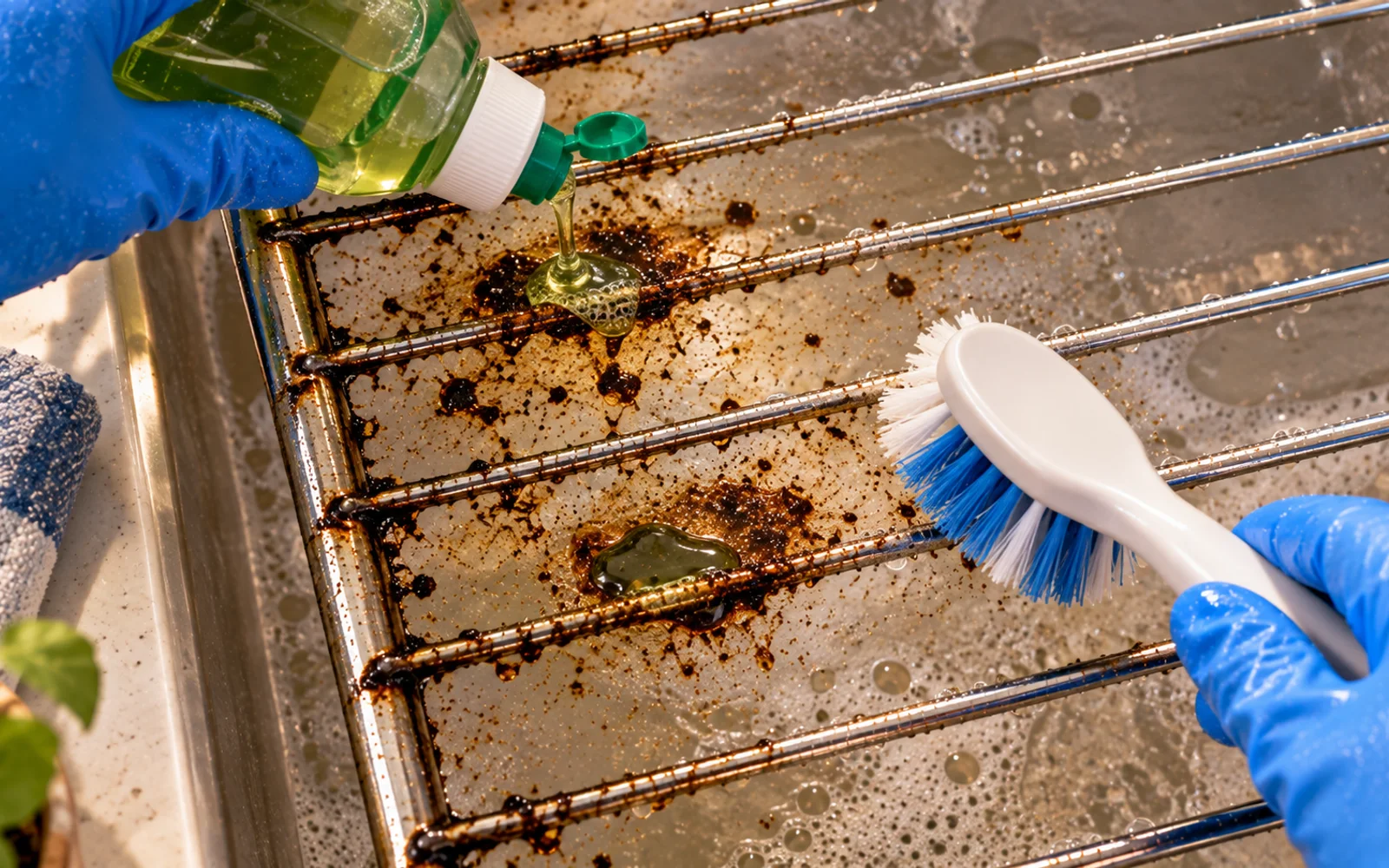 Small drops of dish soap applied to stubborn greasy spots on a wet oven rack