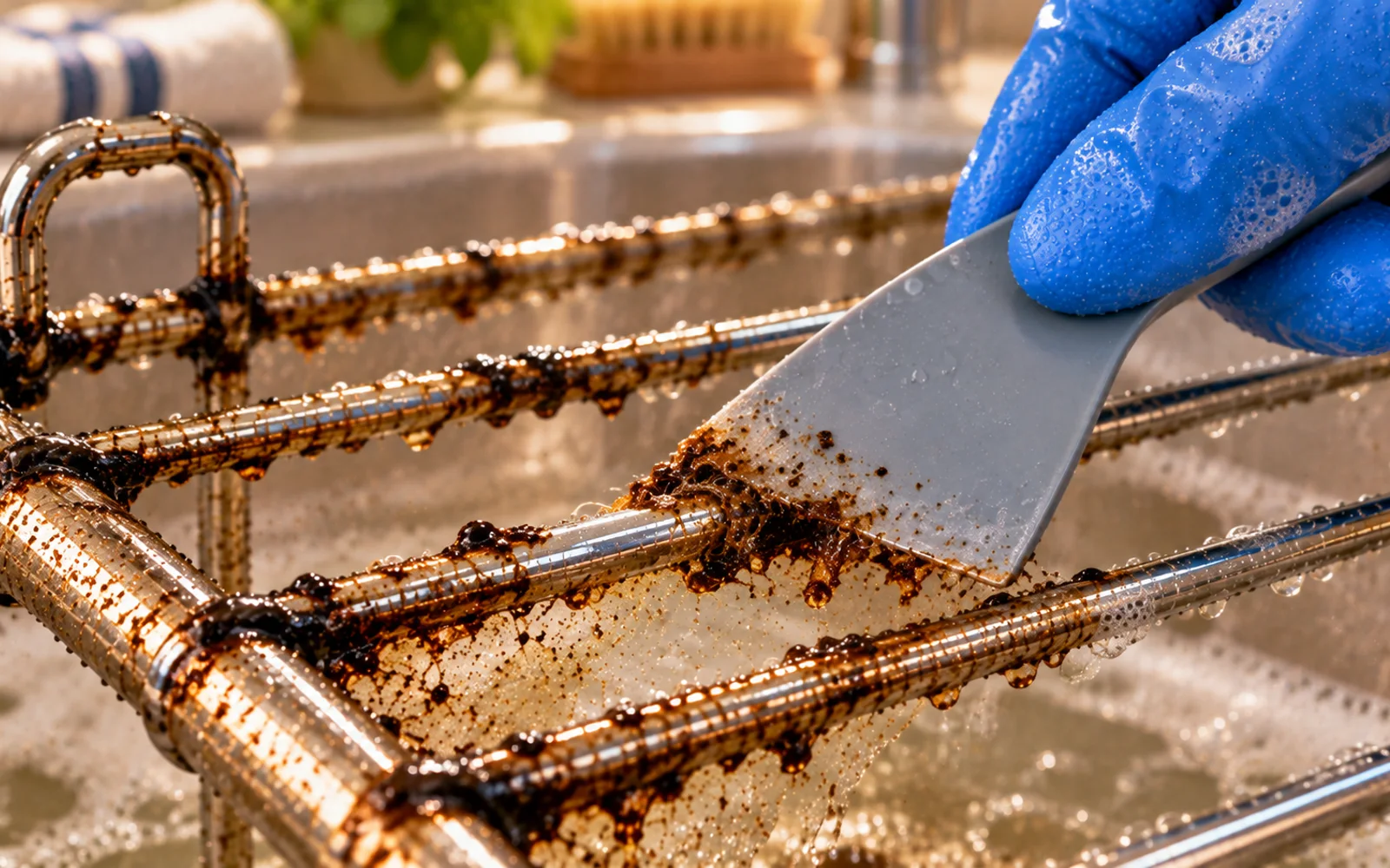Plastic scraper gently lifting softened residue from a chrome oven rack