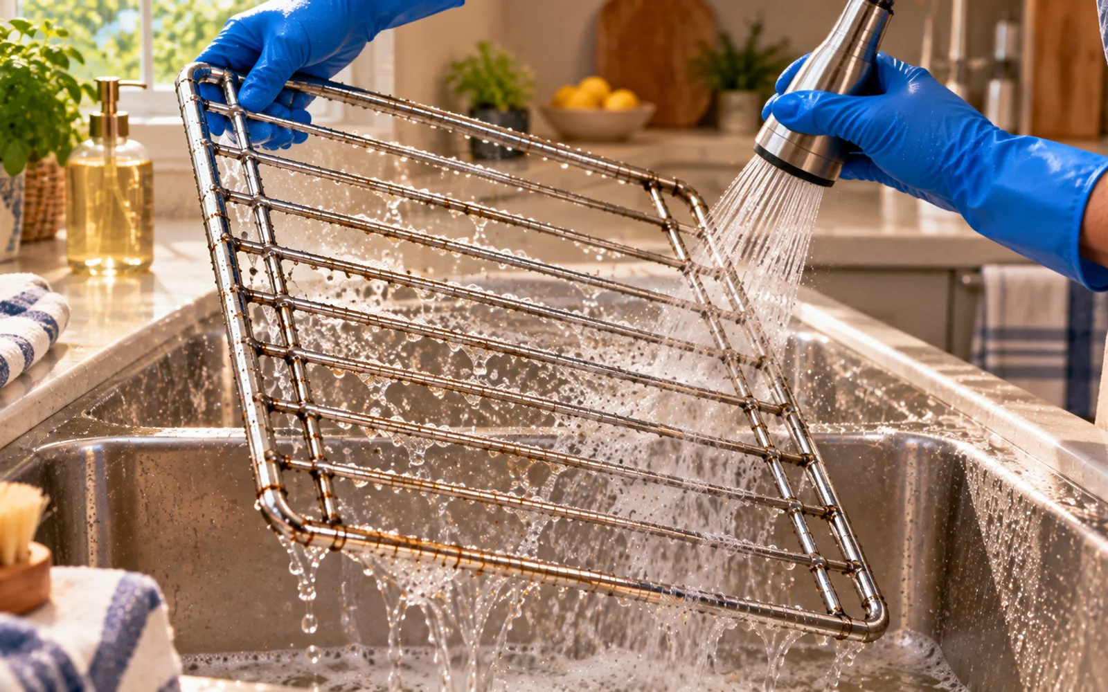 Clean water rinsing soap and grease from an oven rack from multiple angles