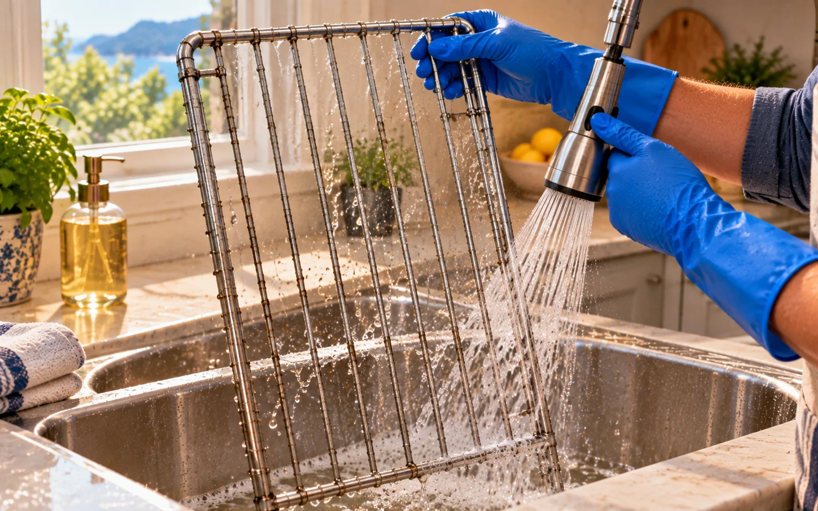 Oven rack held vertically during a final fresh-water rinse