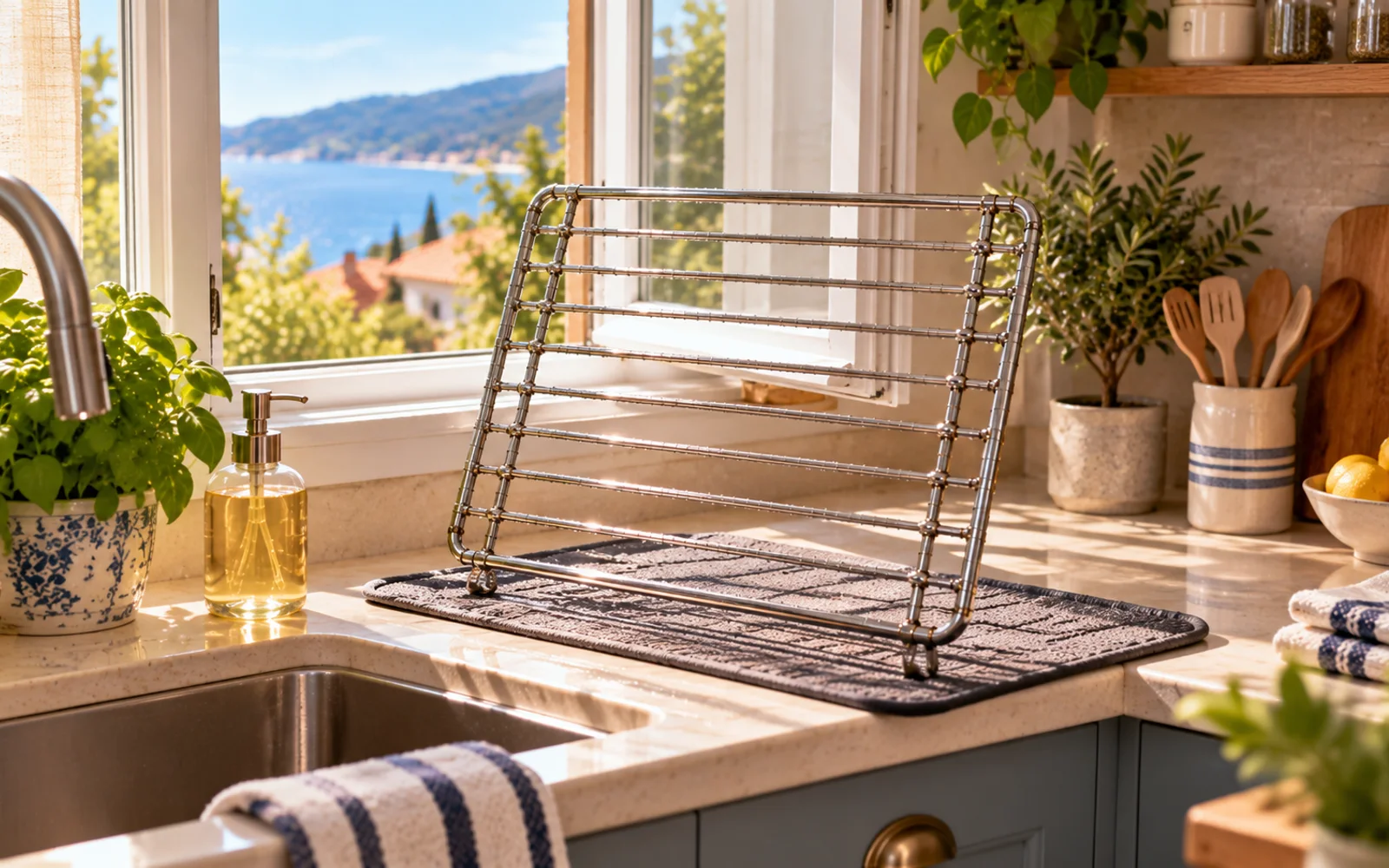 Clean oven rack air-drying upright on a mat near an open window