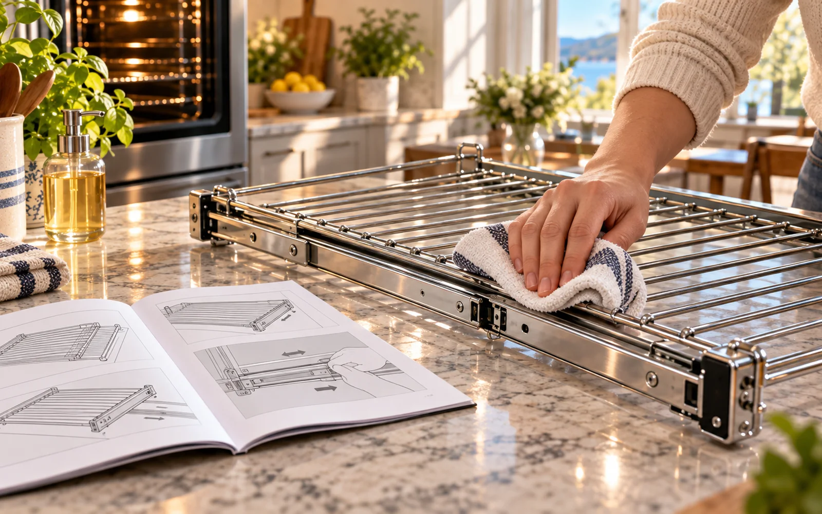 Telescoping oven rack rails being wiped carefully beside the appliance manual