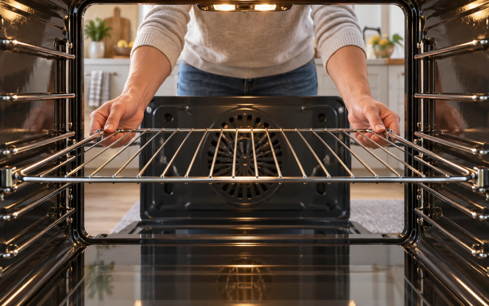 Dry oven rack being aligned evenly with rack guides inside the oven