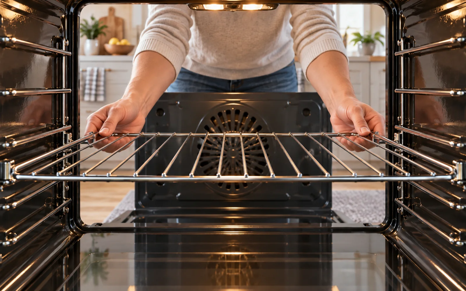 Person testing an oven rack by sliding it smoothly in and out