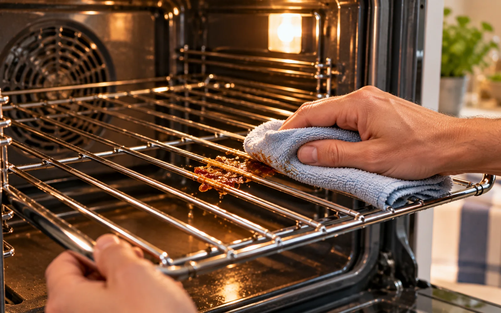Fresh grease splatter being wiped from a completely cool oven rack