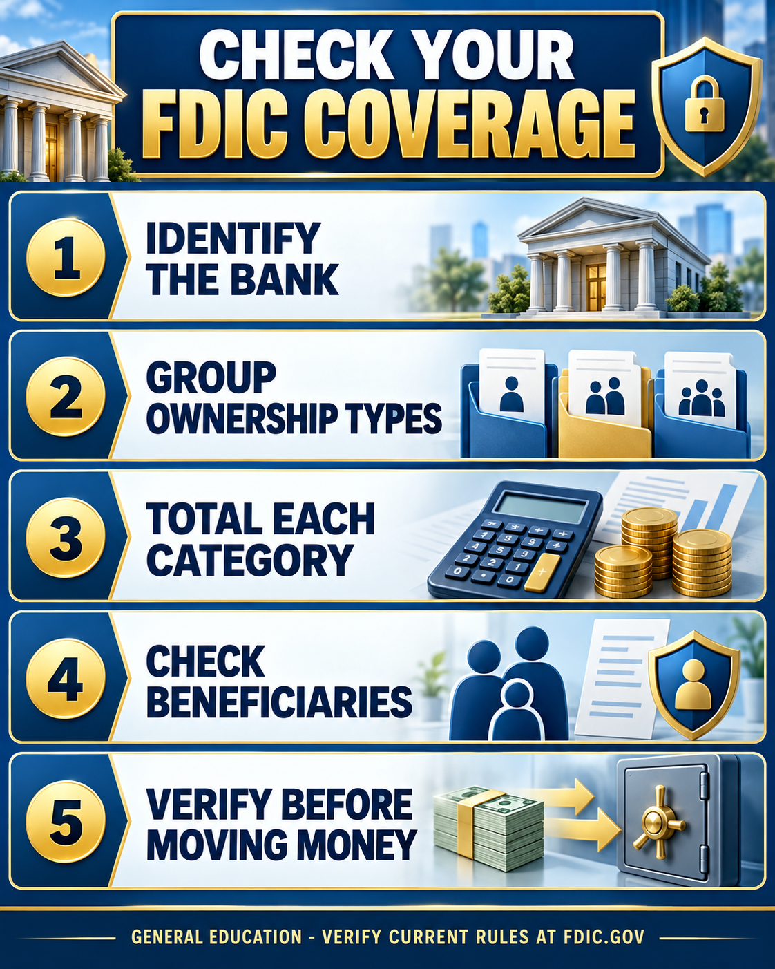 Infographic explaining five checks for understanding FDIC deposit insurance coverage