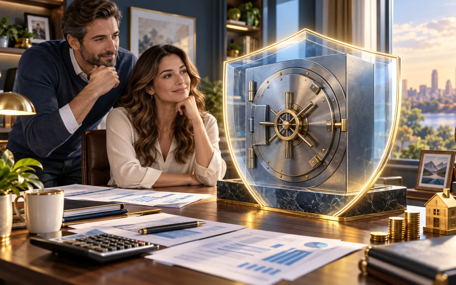 Illustration of a bank account protected by a $250,000 deposit insurance shield