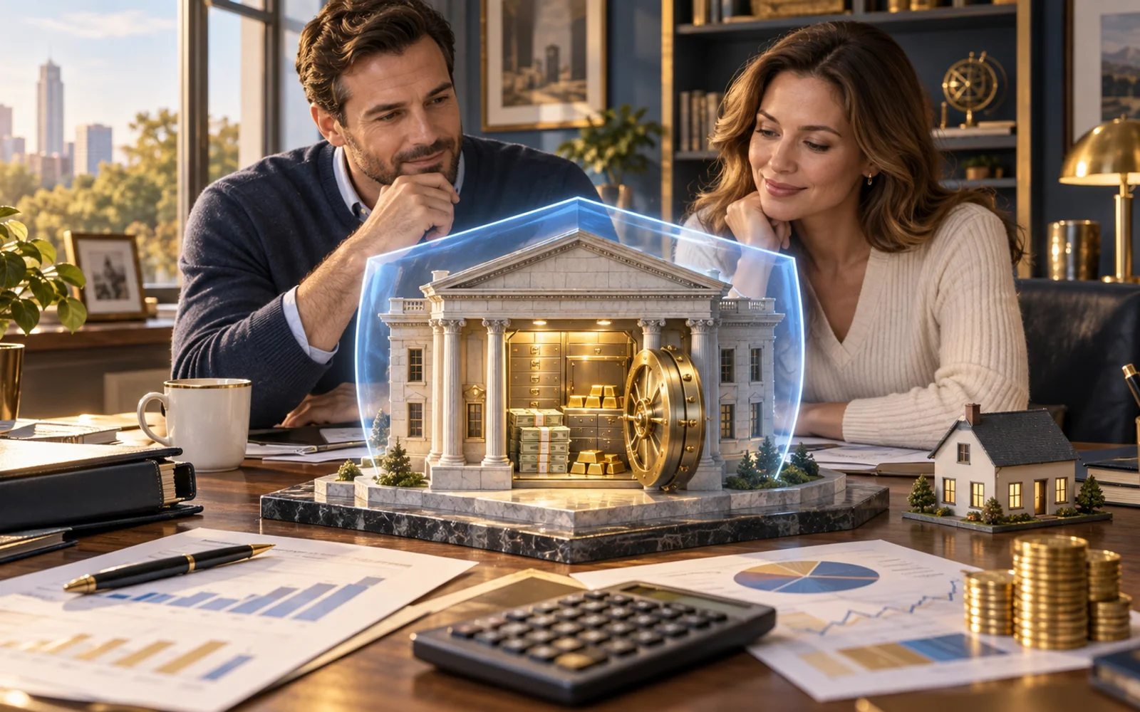 United States bank building with secure savings imagery