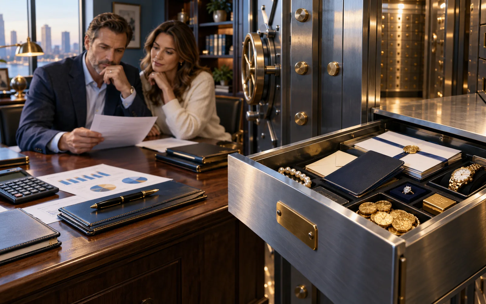 Open safe deposit box containing documents and valuables