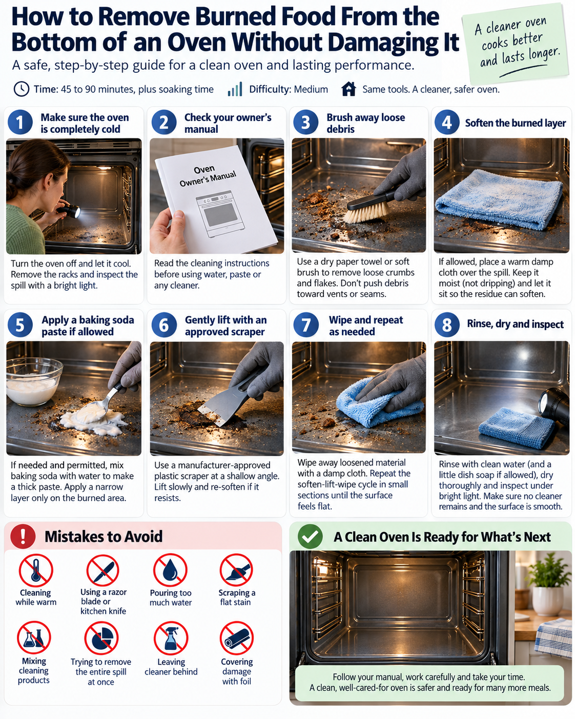 How-to infographic showing the safe steps for How to Remove Burned Food From the Bottom of an Oven Without Damaging It