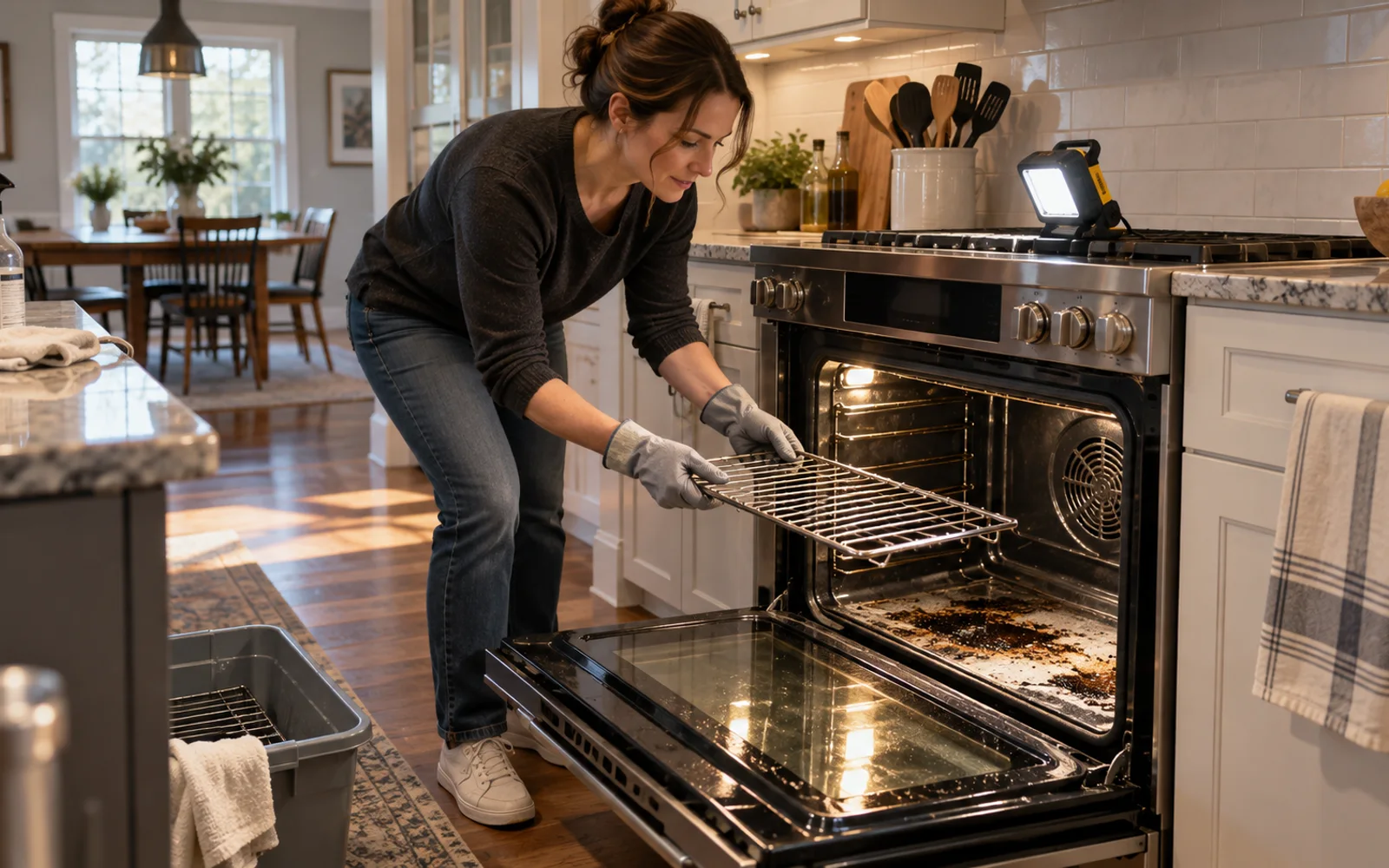Cold oven with racks removed and a black burned spill visible on the oven floor