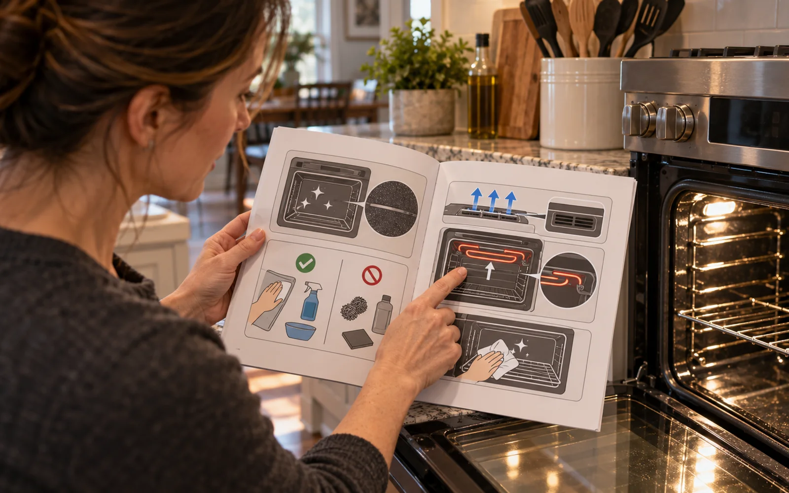 Oven manual showing cleaning restrictions beside an open oven