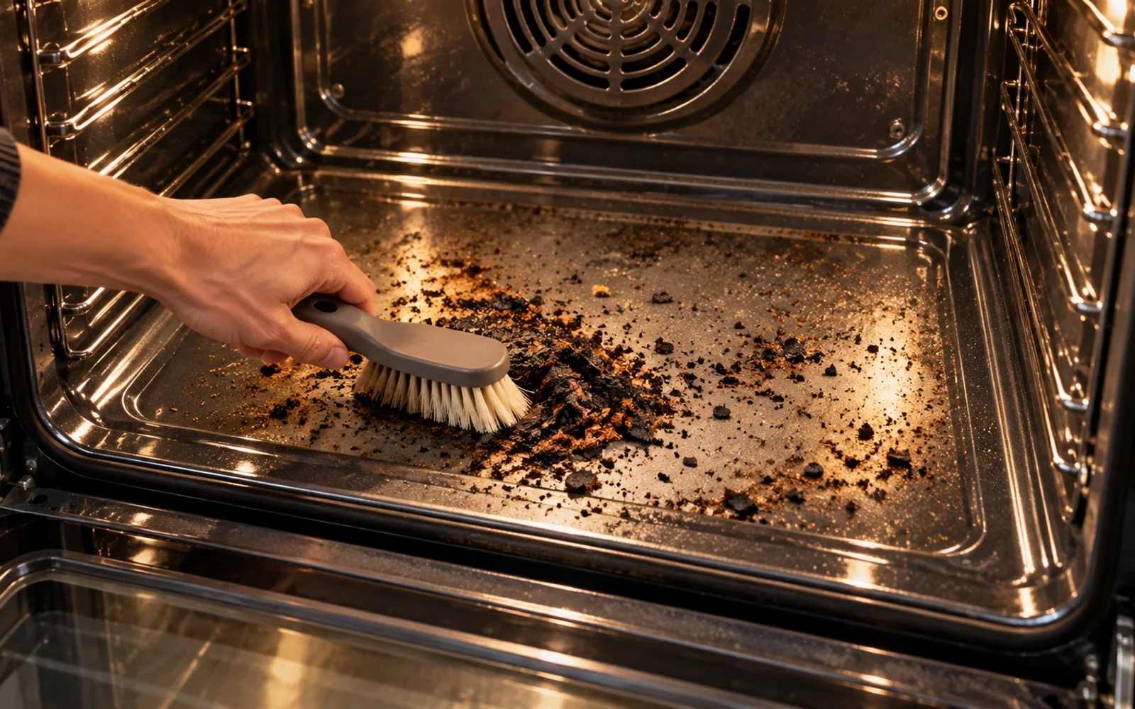 Soft brush gathering loose black char from an oven floor
