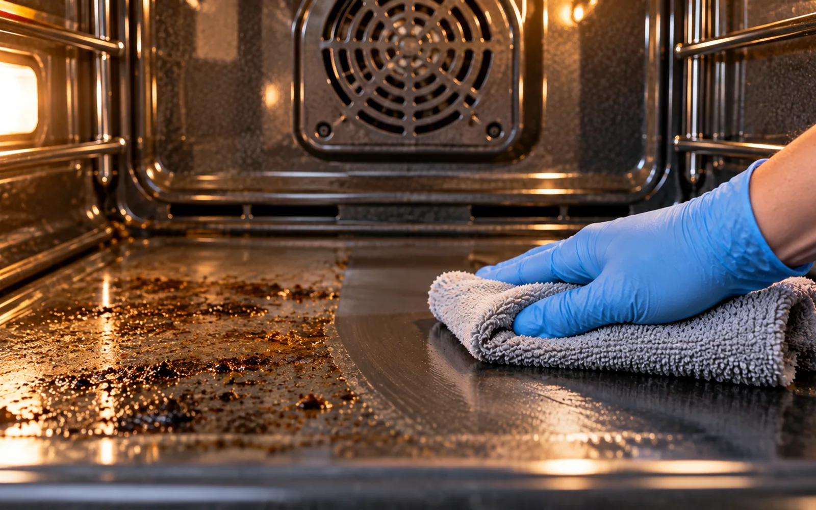 Barely damp microfiber cloth wiping soot from an oven floor