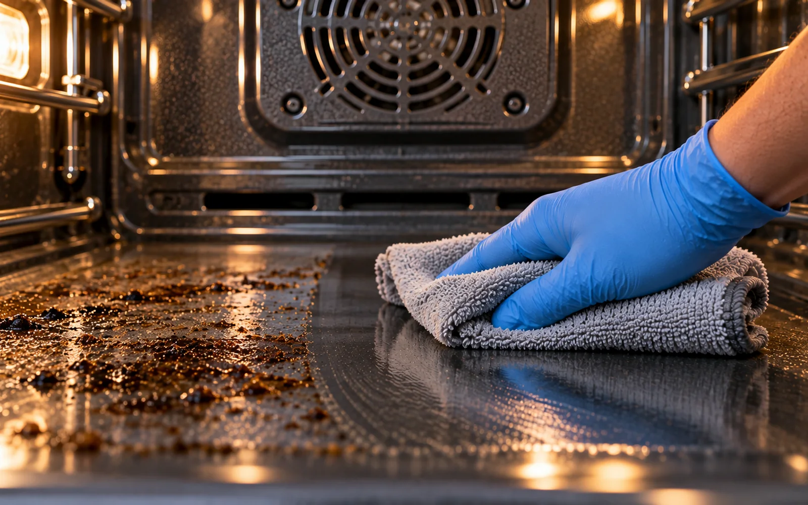 Warm damp cloth resting over burned food on a cold oven floor