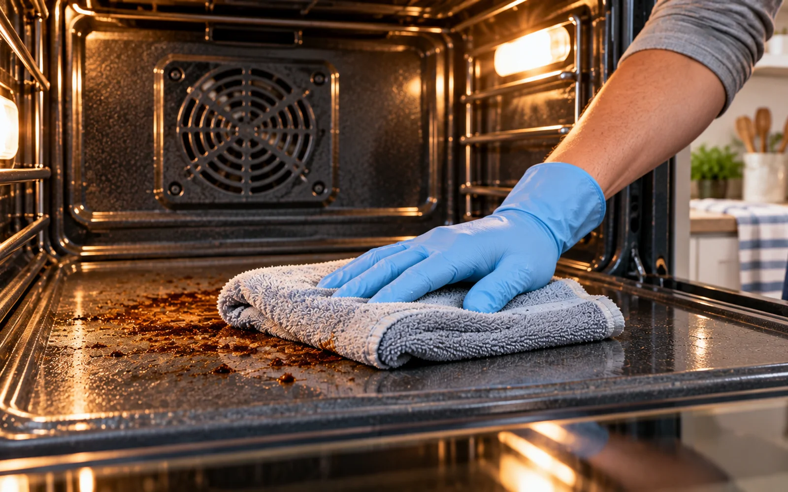 Thick baking soda paste being applied only to a burned oven spill
