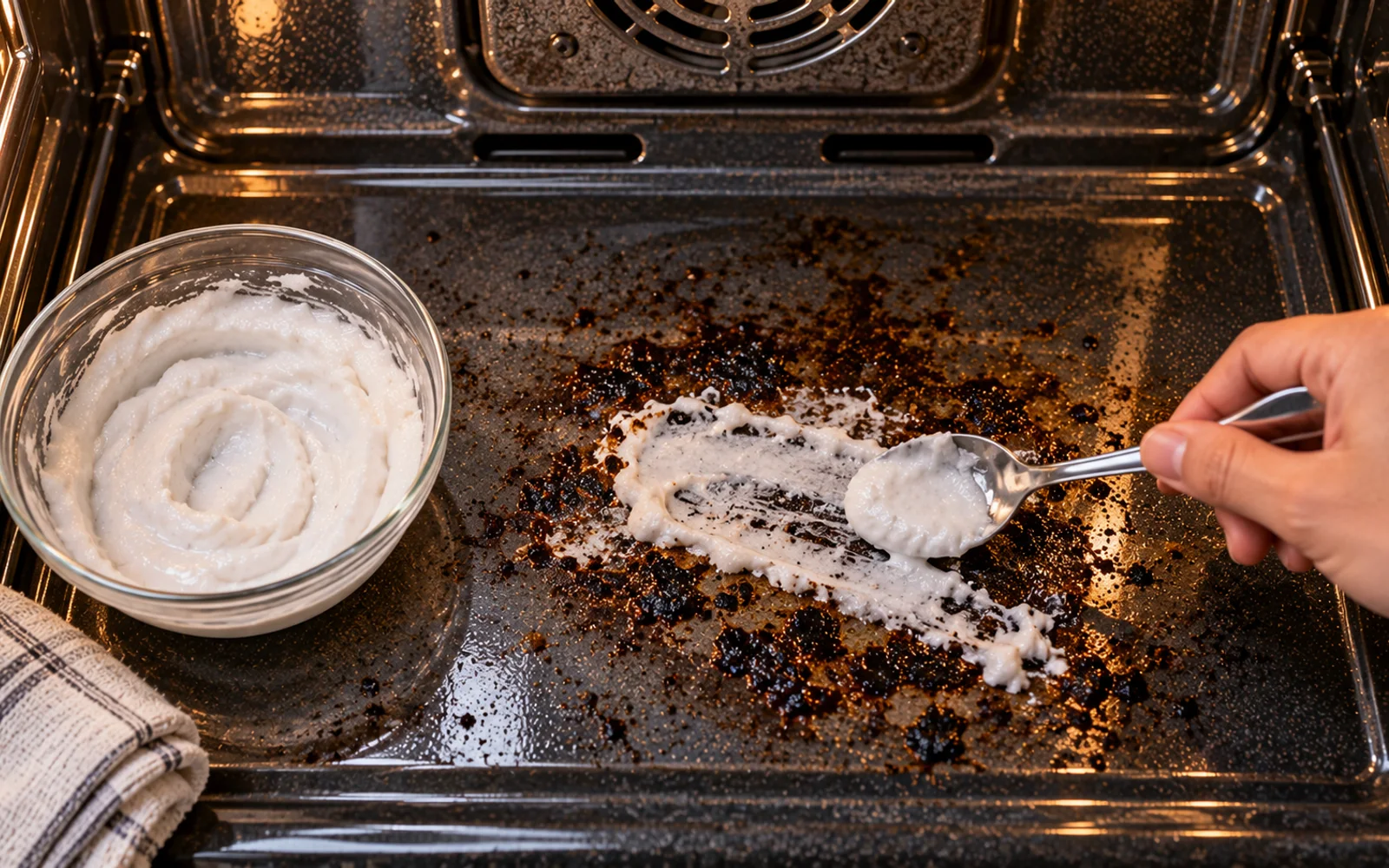 Baking soda paste resting on burned residue while oven controls remain off
