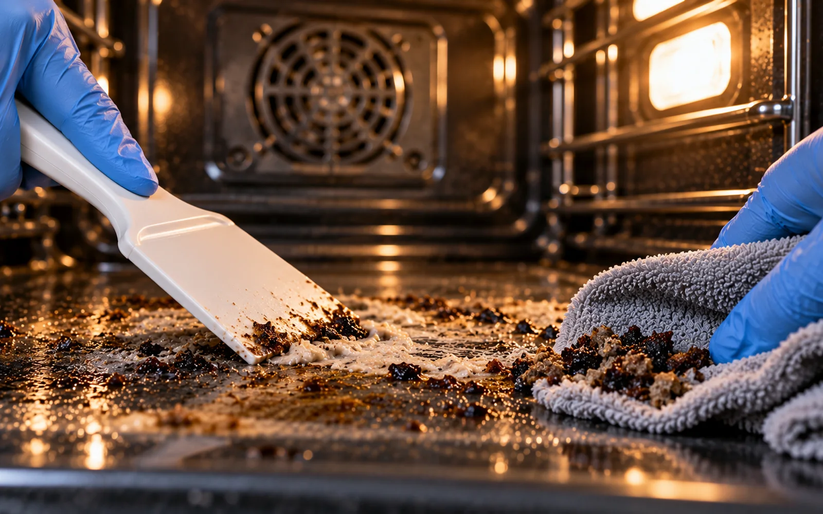 Microfiber cloth cleaning residue between plastic scraper passes