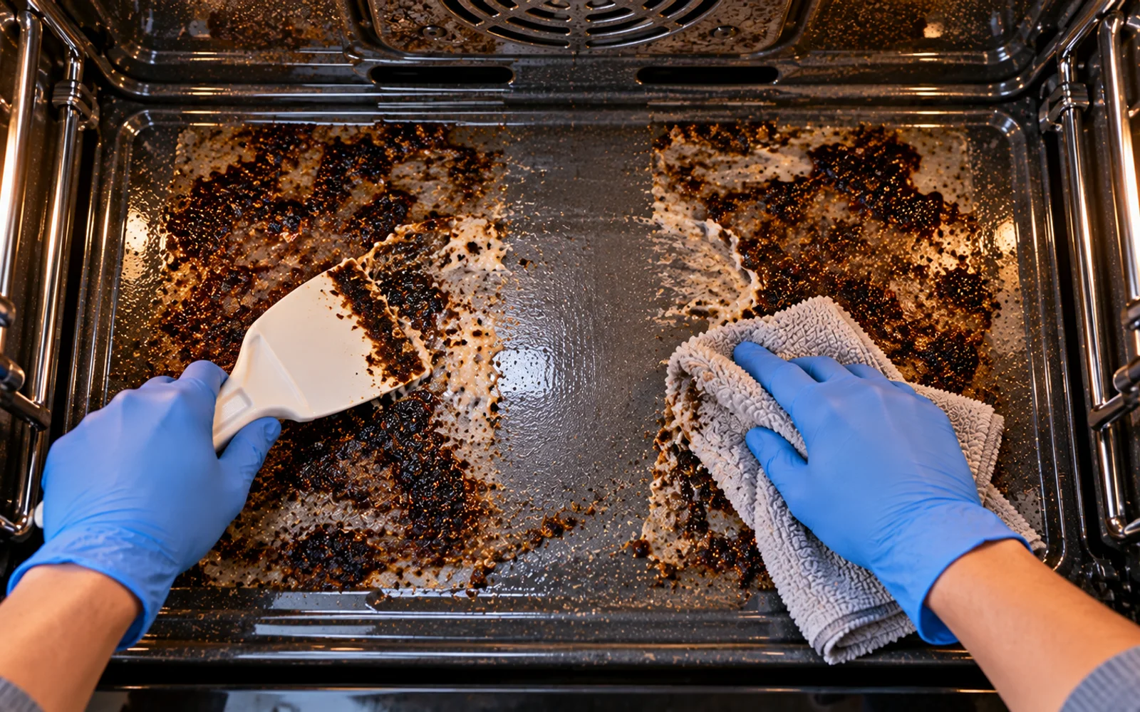 Burned oven spill becoming thinner through repeated cleaning cycles