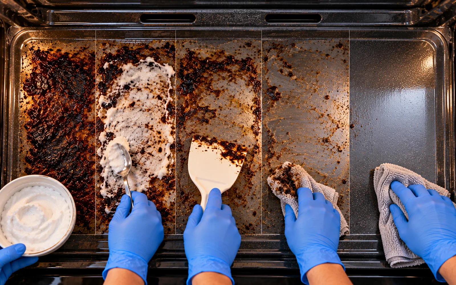 Large burned oven spill visually divided into smaller cleaning sections