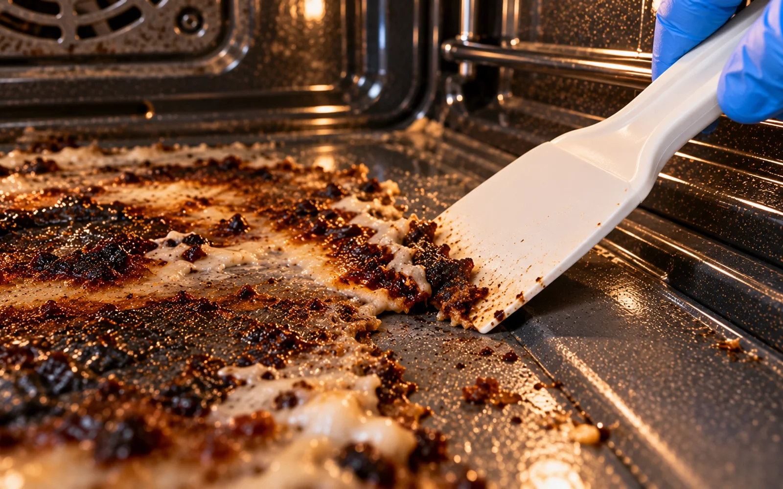 Two hands controlling a plastic oven scraper at a shallow angle