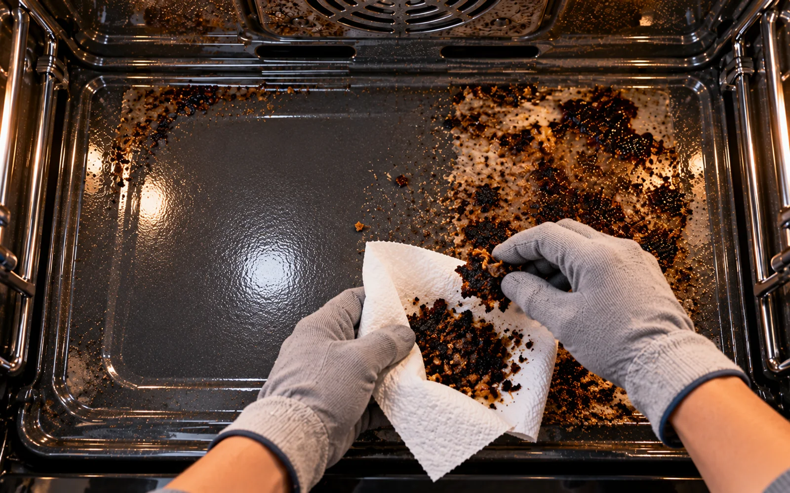 Glassy caramelized spill being softened with a damp cloth in an oven