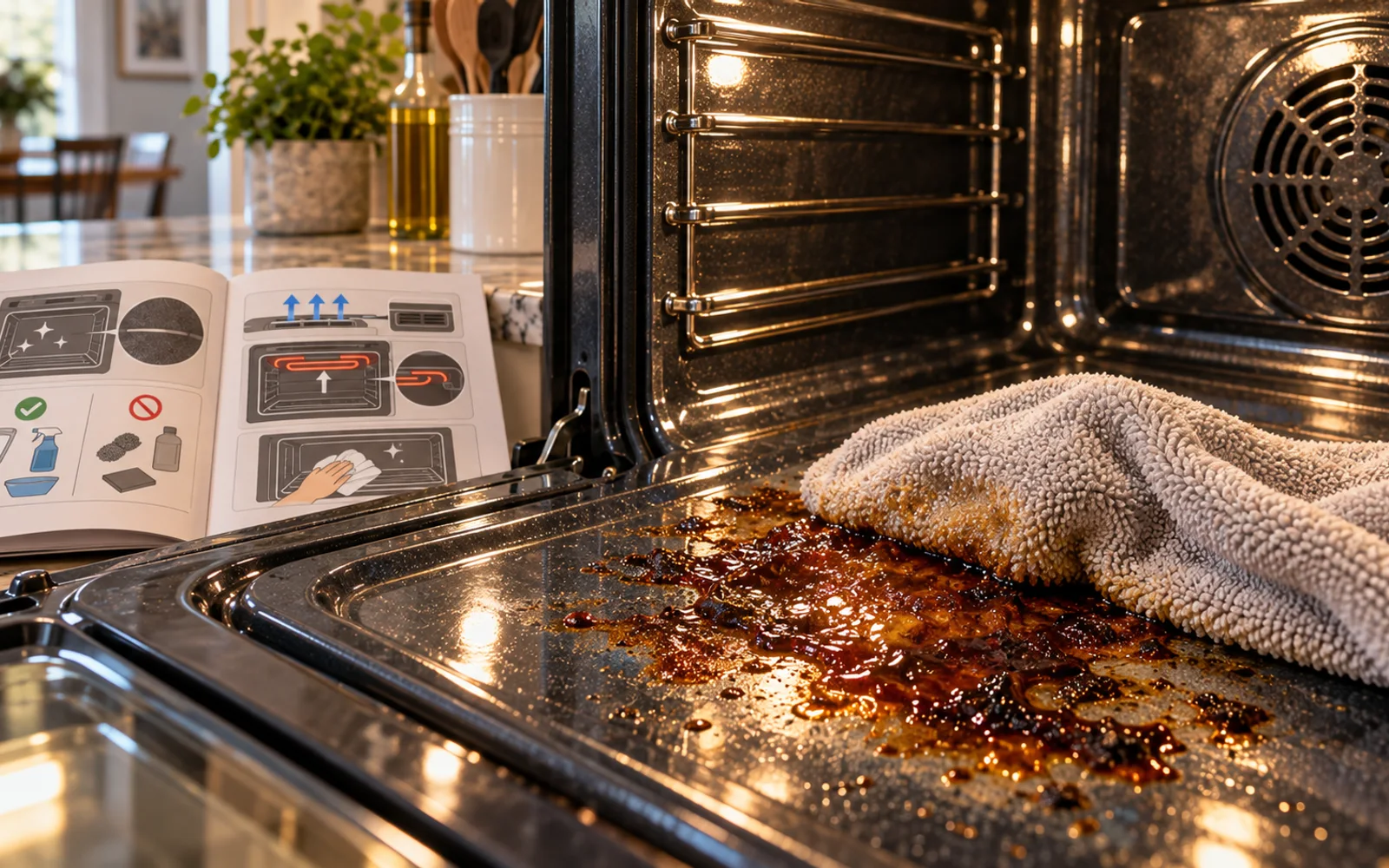 Flat brown discoloration remaining after raised oven residue has been removed