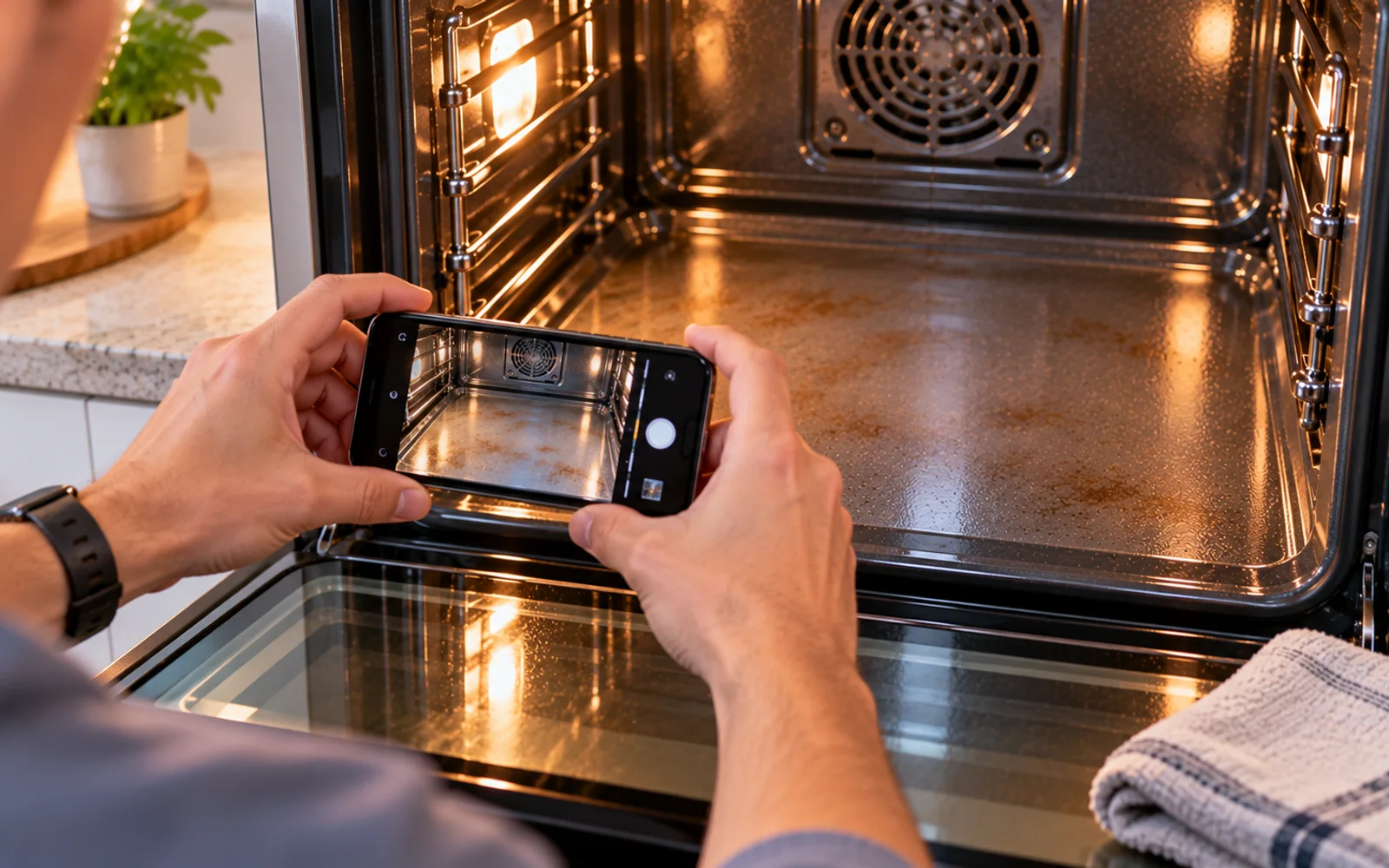 Flashlight inspection of oven enamel for chips cracks and exposed metal