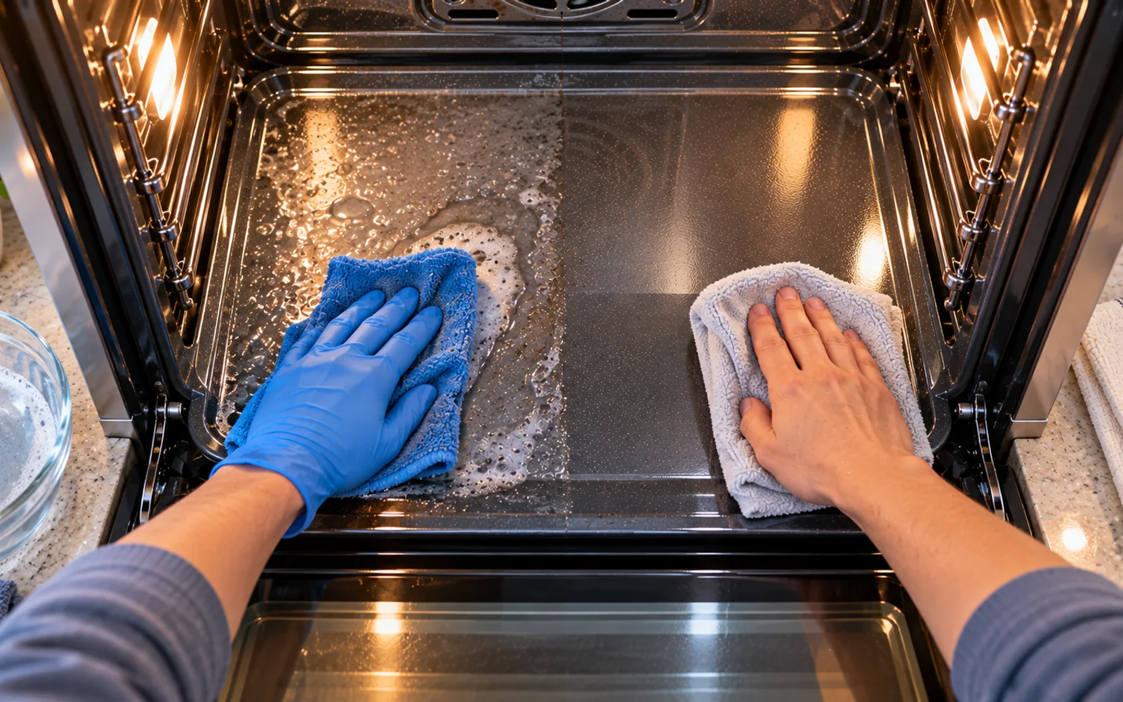 Flashlight checking oven vents and seams after cleaning