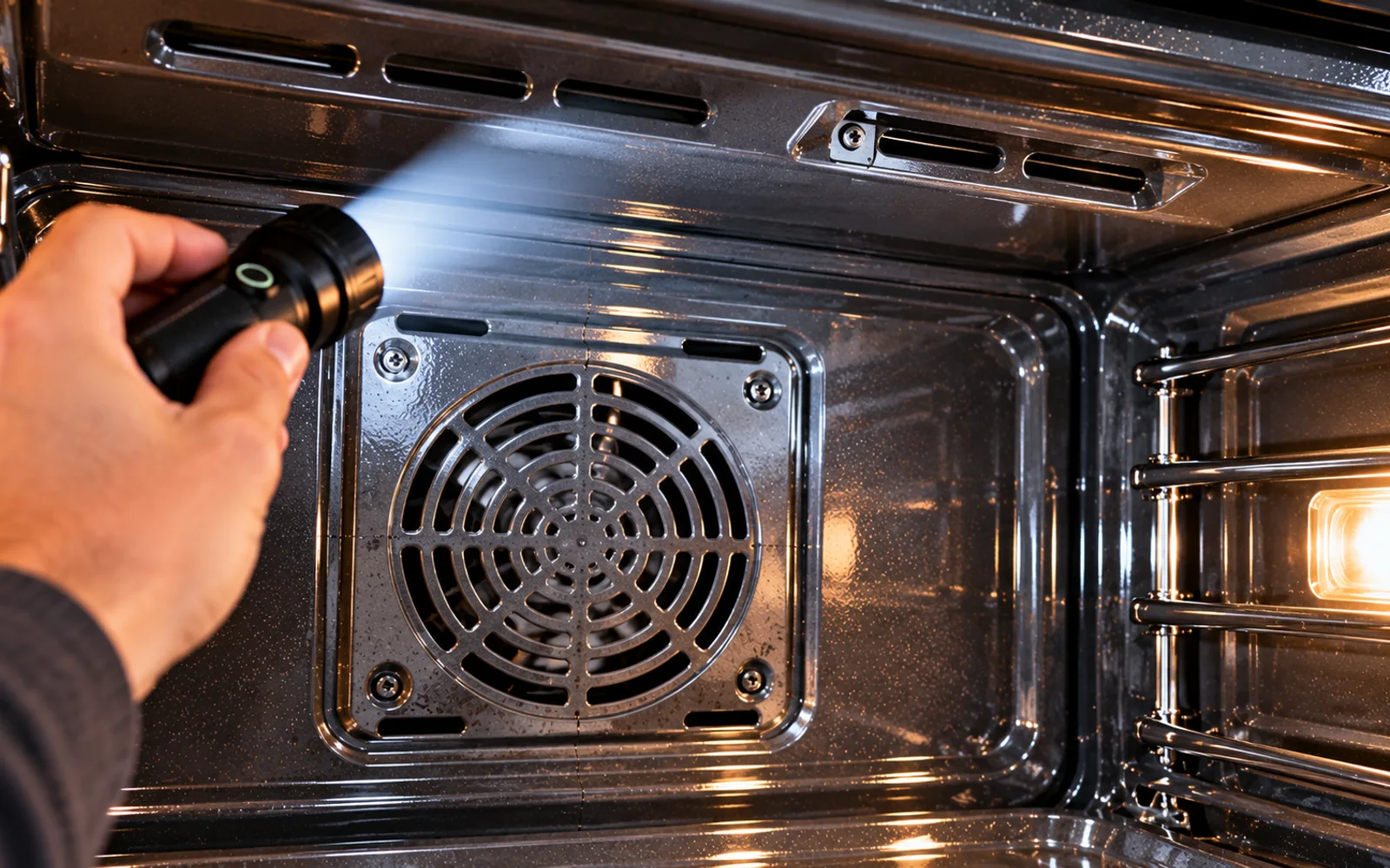 Dry oven racks being reinstalled while cleaning tools remain outside