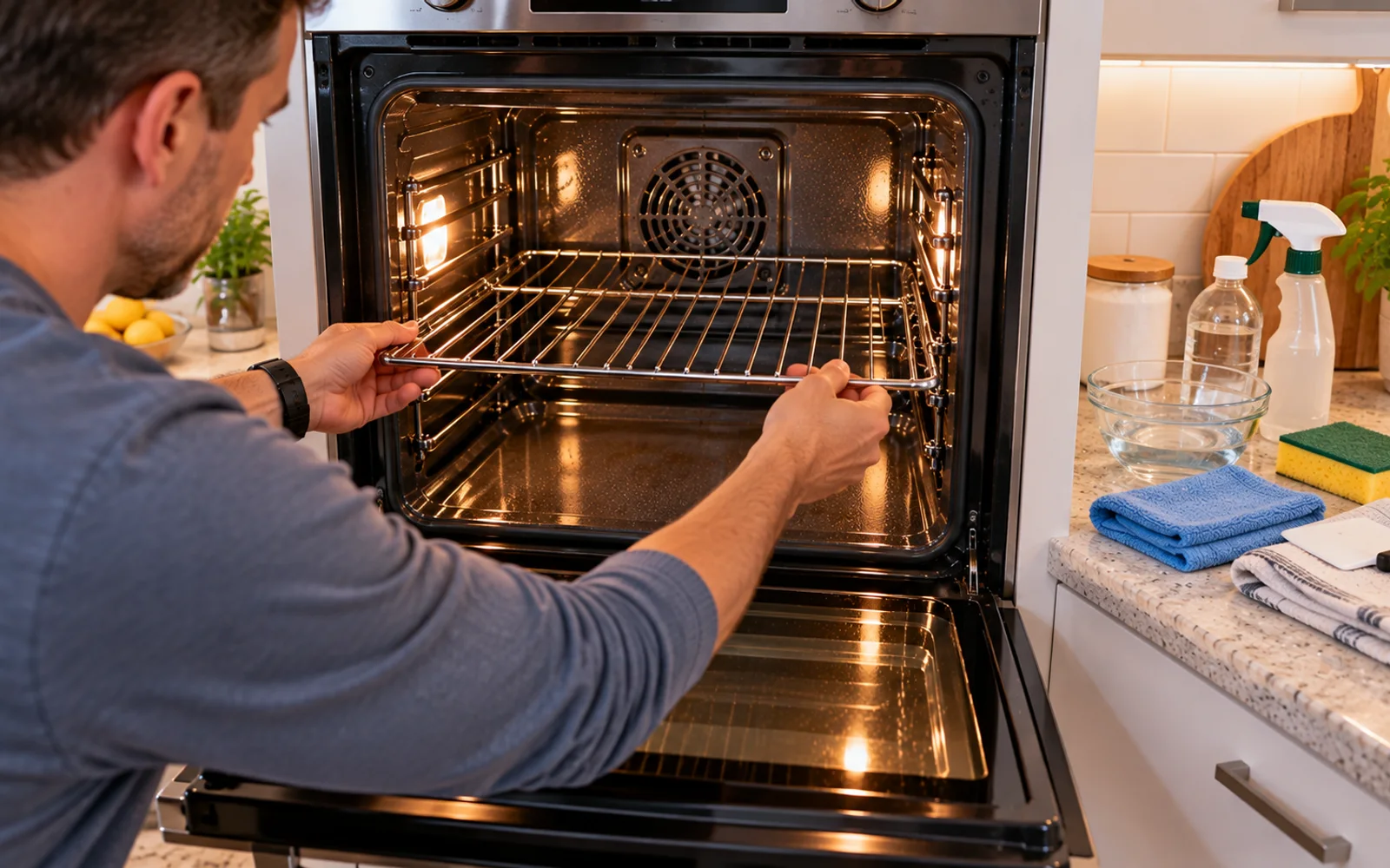 Person performing a final cold check of the cleaned oven