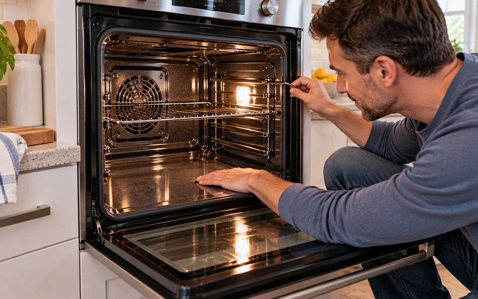 Person monitoring an oven during its first warm-up after cleaning