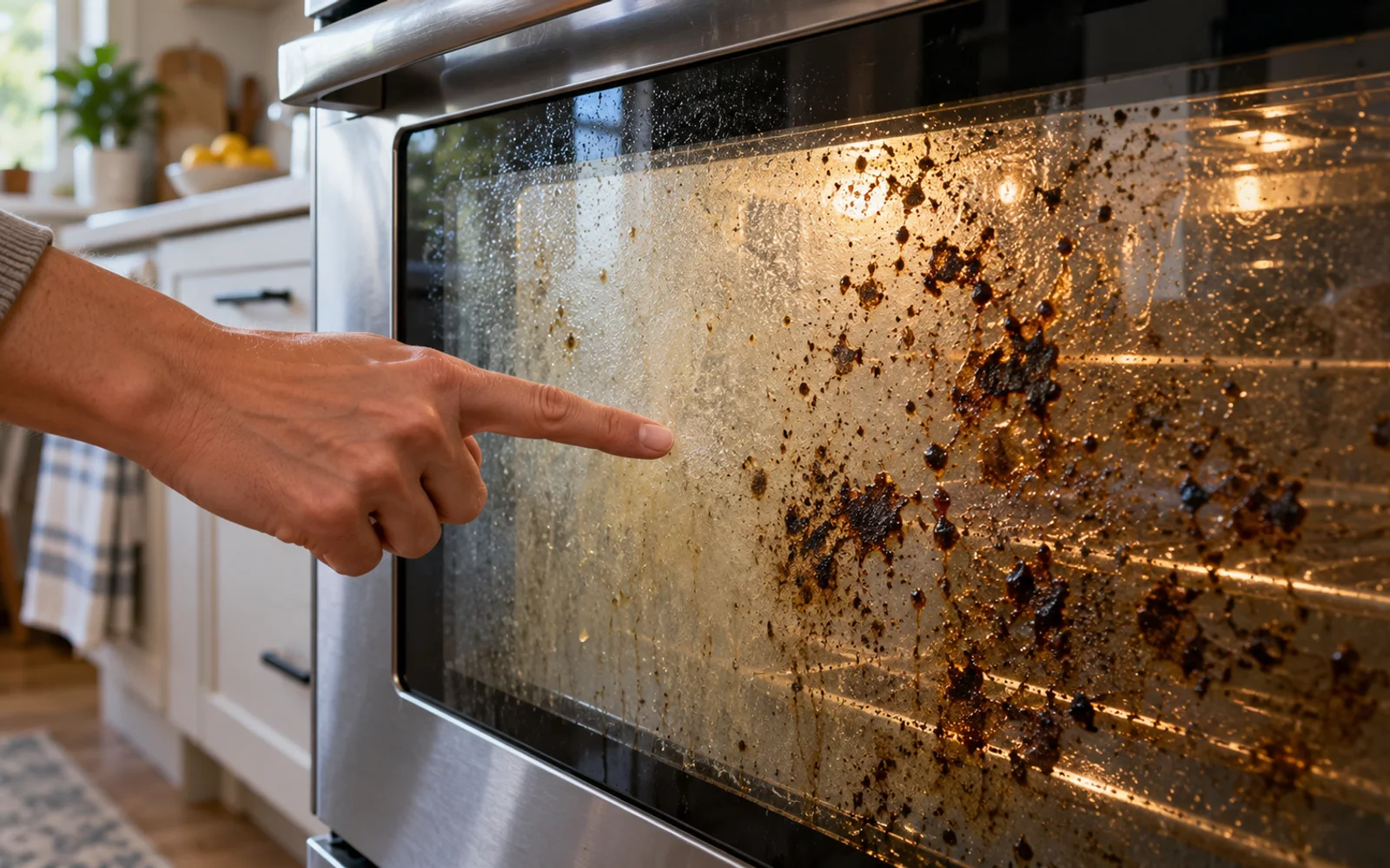 Cool oven door glass showing light greasy haze and darker baked-on spots