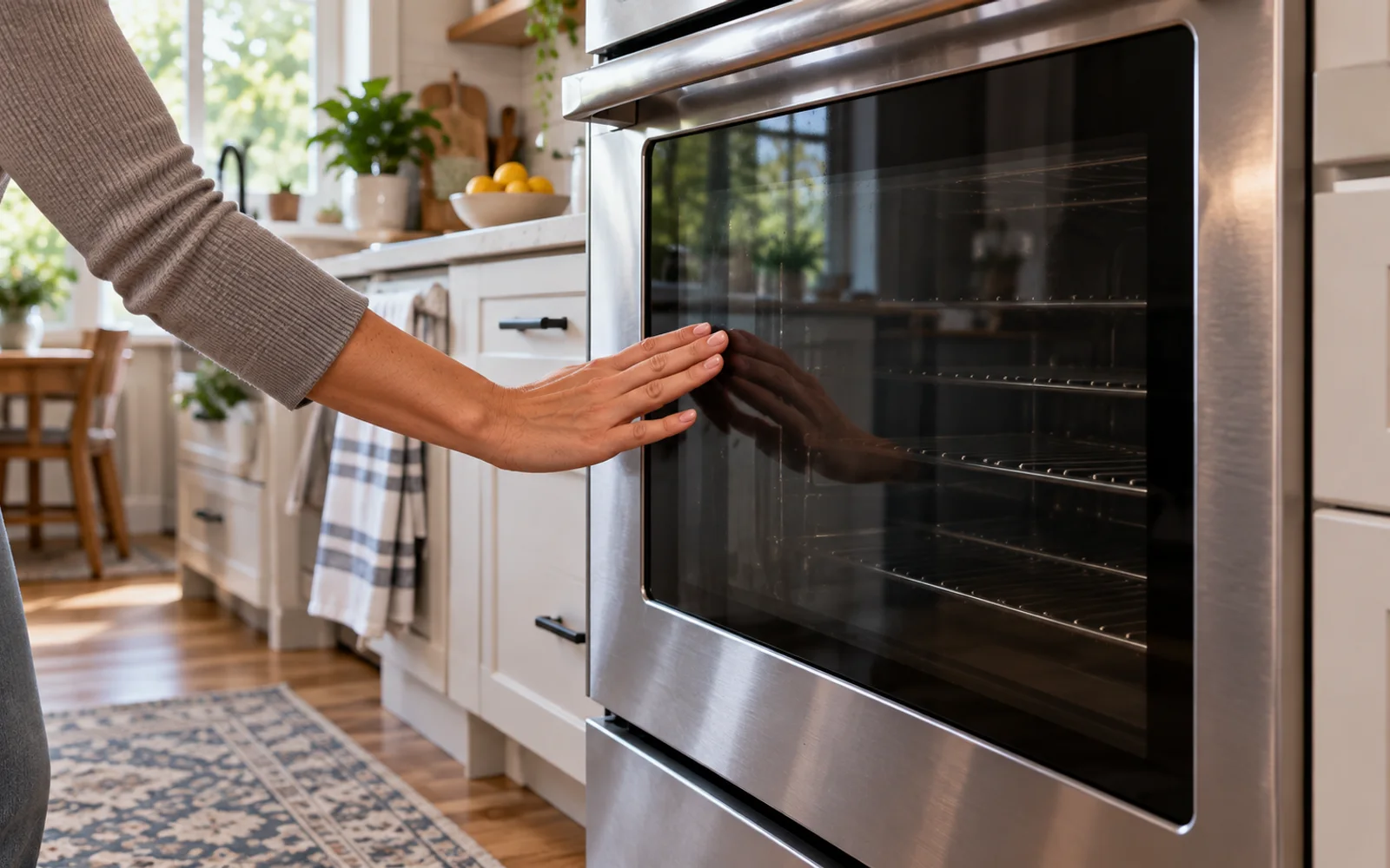 Oven switched off with cookware moved away while the glass cools