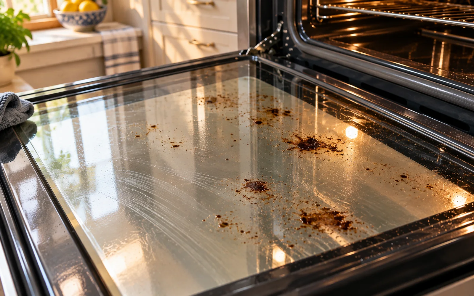Soft sponge moistening one stubborn brown oven glass deposit