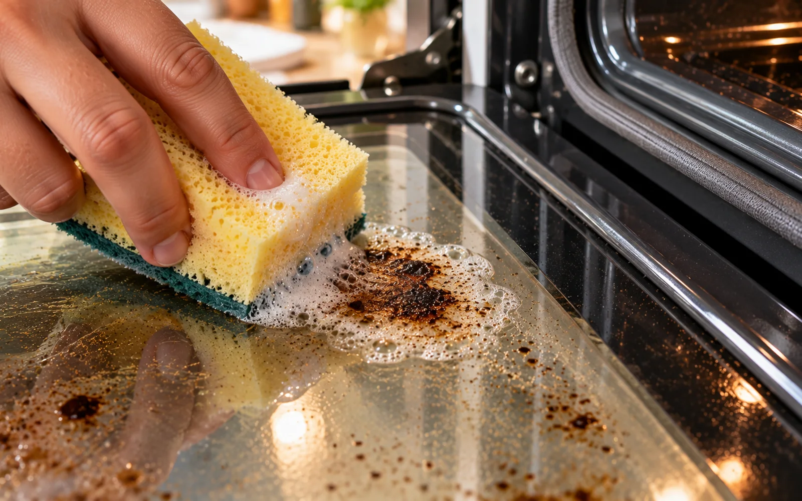 Plastic card held nearly flat while lifting softened residue from oven glass