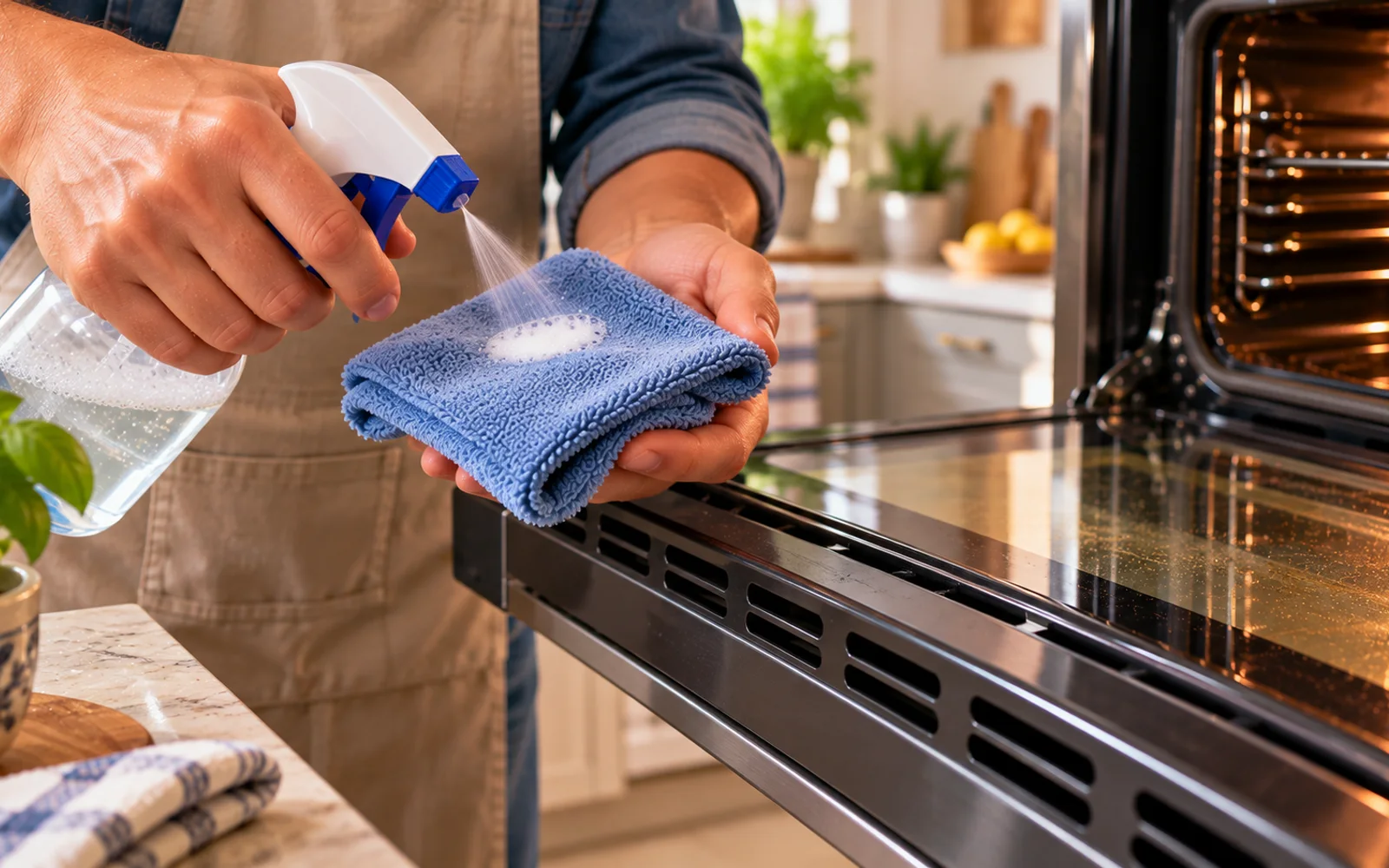 Oven viewing window cleaned systematically one section at a time