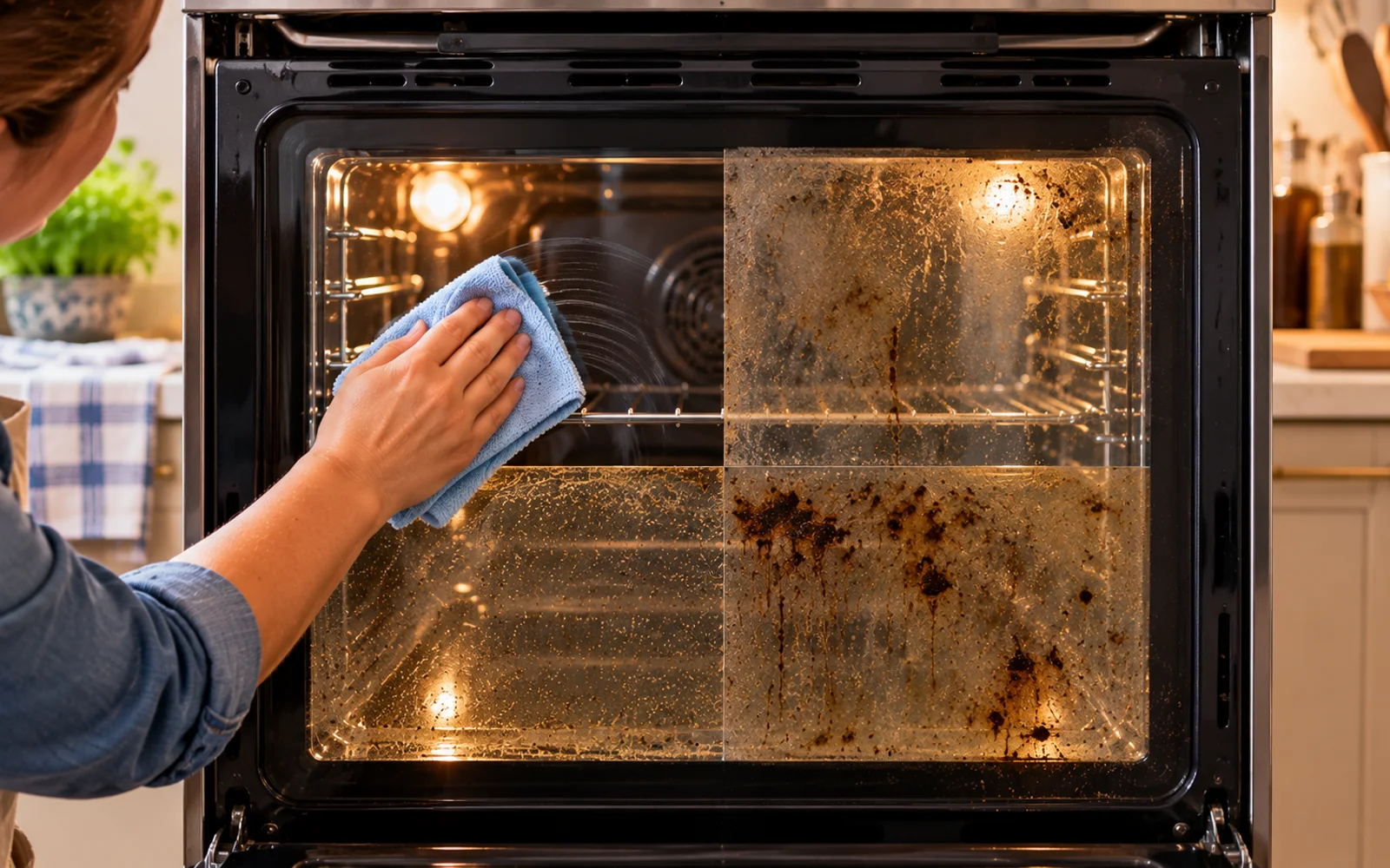 Soft microfiber cloth gently cleaning printed markings on oven glass