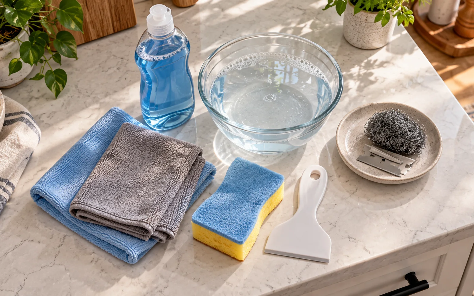 Microfiber cloths, sponge, dish soap, warm water, and plastic scraper beside excluded metal tools