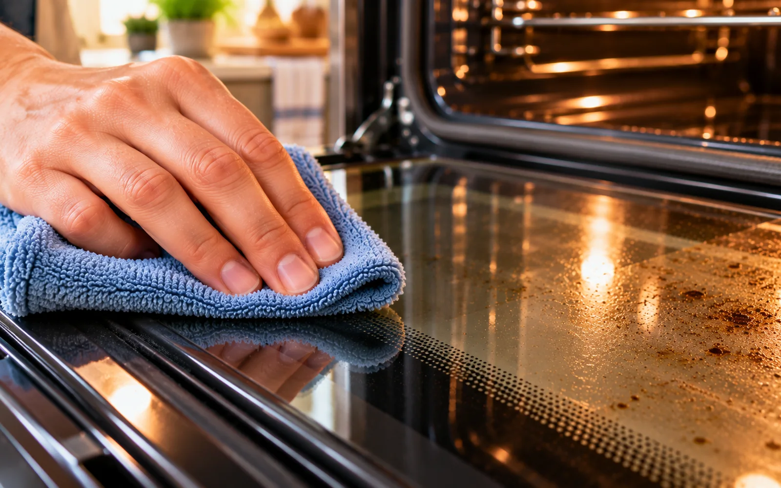 Clean microfiber cloth with plain warm water rinsing soap from oven glass