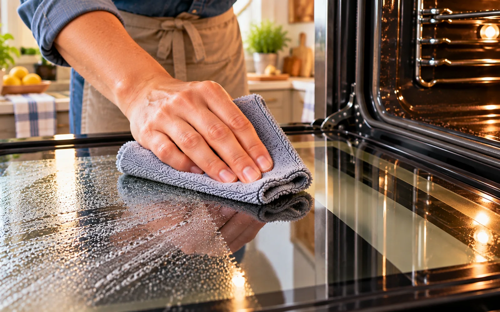 Side lighting revealing a small cloudy patch on otherwise clean oven glass