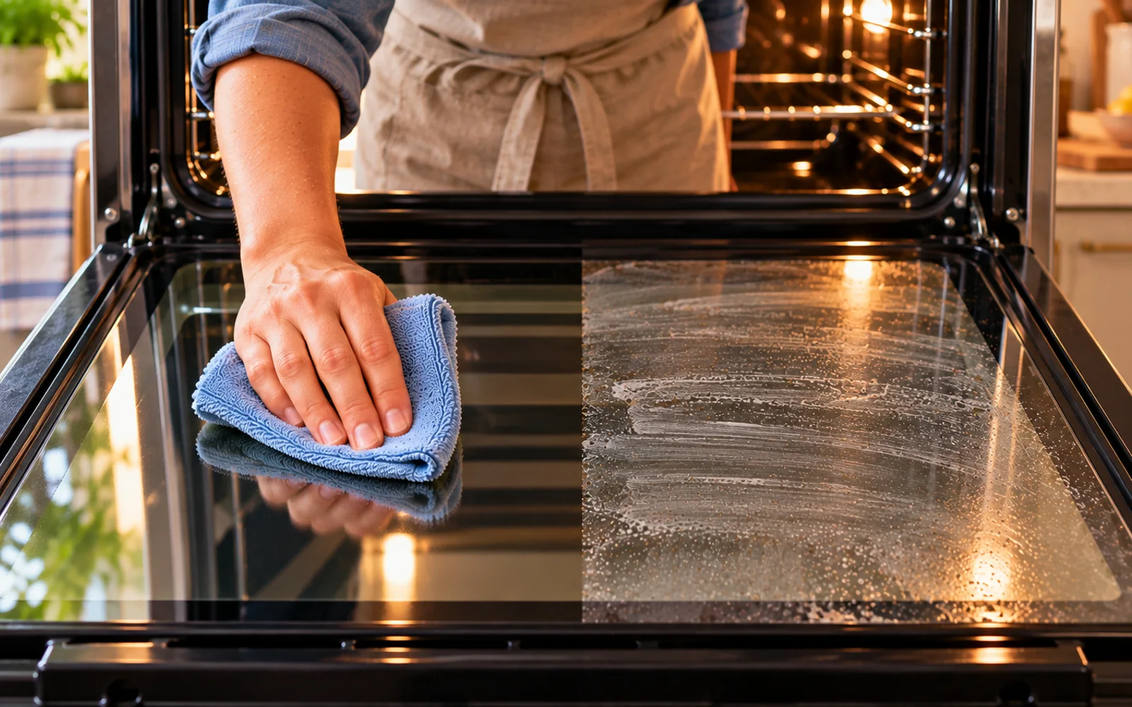 Folded microfiber cloth reaching the lower corner of oven glass
