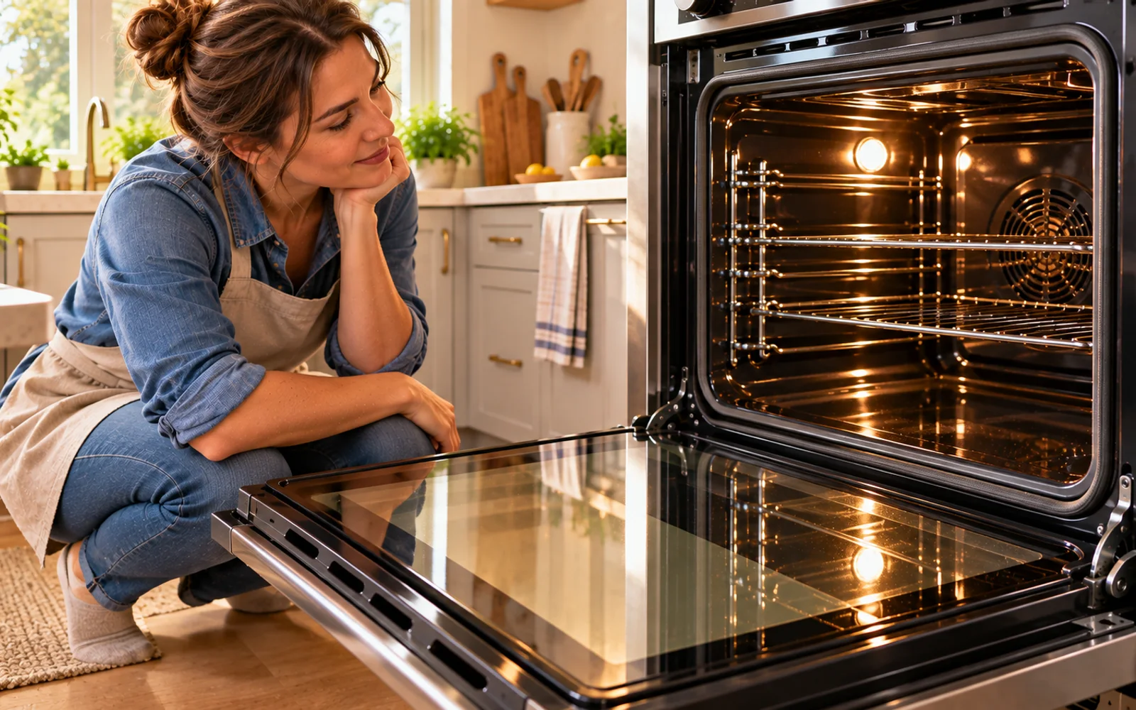 Fresh oven glass splatter wiped away after the appliance has fully cooled