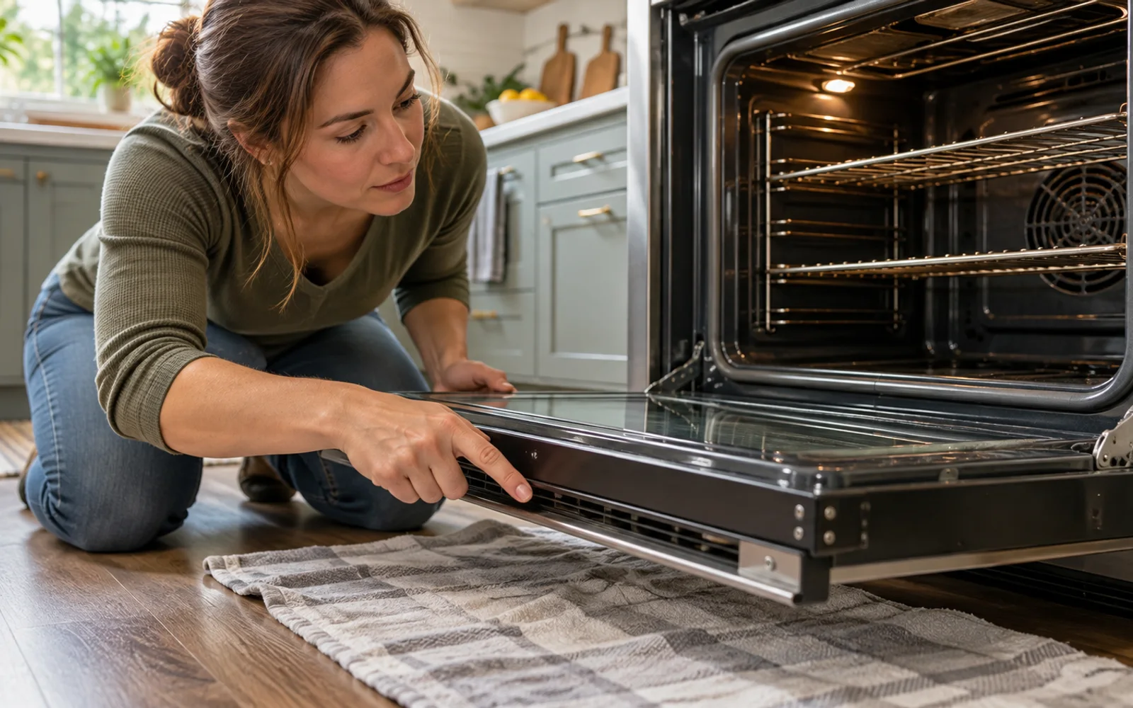 Towel below oven door with seams vents hinges and trim visible