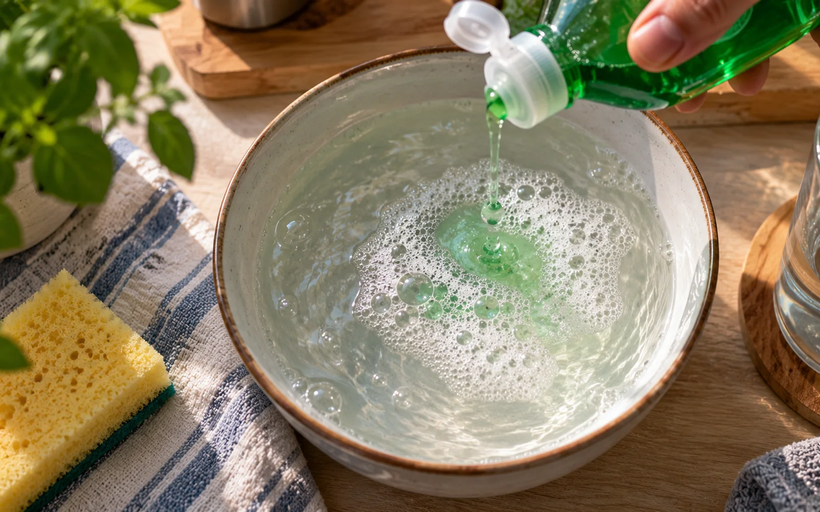Small bowl of warm water receiving a few drops of mild dish soap